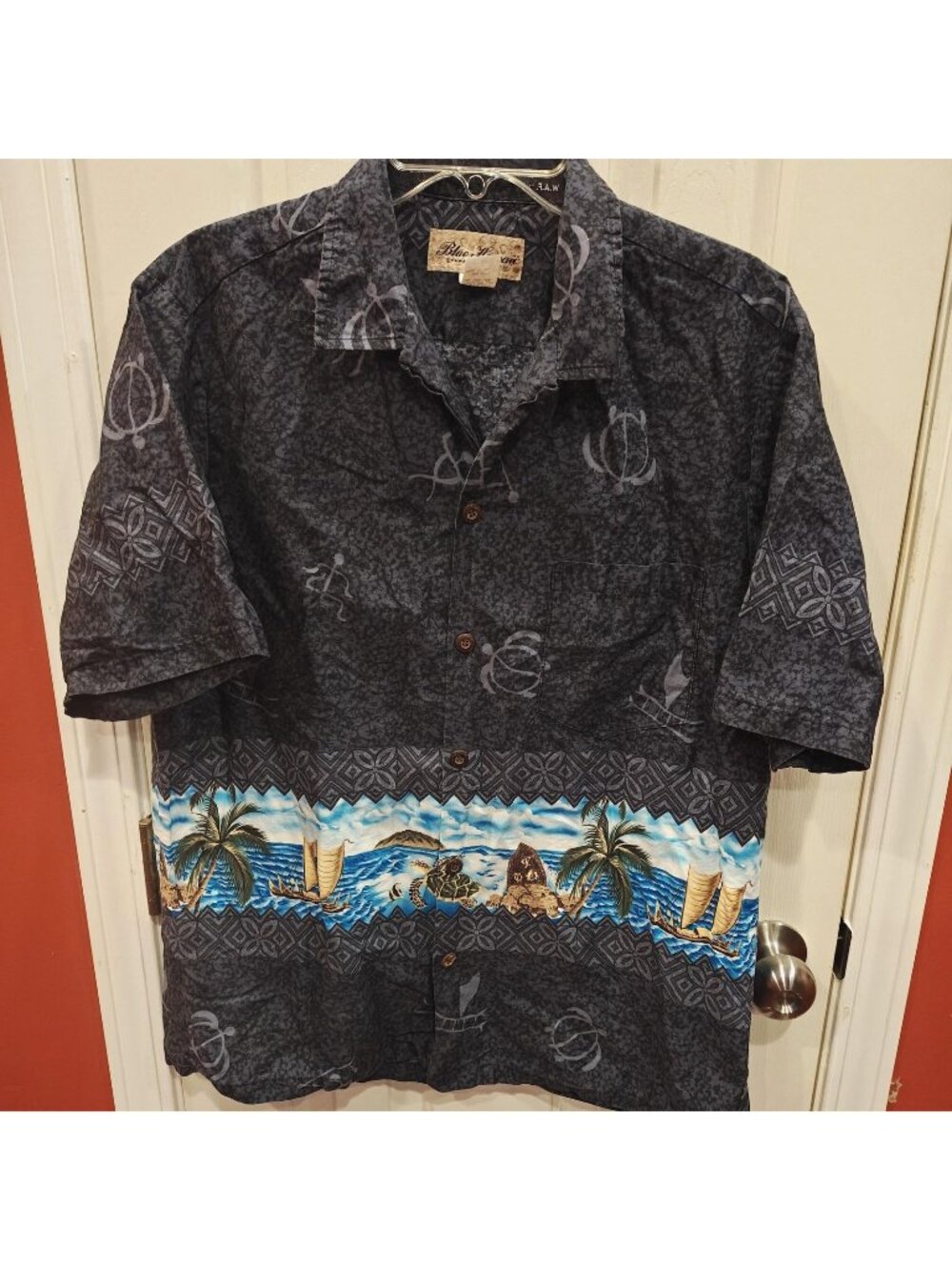 VTG Blue Hawaii Hawaiian Shirt Mens L Gray Turtles Ocean Aloha Palms Tropical